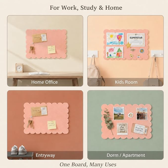 Scalloped Felt Bulletin Board 24 x 18 Inches,Decorative Wall Pin Board | Felt Memo Board for Dorm, College, Bedroom, Photos, Notes, Study Display and Wall Decor with Self Adhesive Backing (Pink)