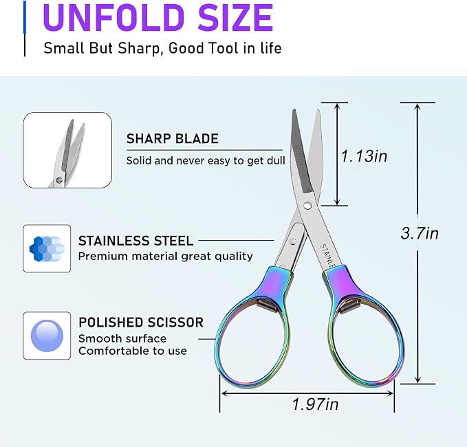 Friker Folding Scissors,Portable Telescopic Cutter Pocket Badge Scissors | 2 Pcs Mini Safe Rainbow Foldable Scissors for Household, Office, Handcrafts, Sewing, Nurse Use, Travel and Fishing