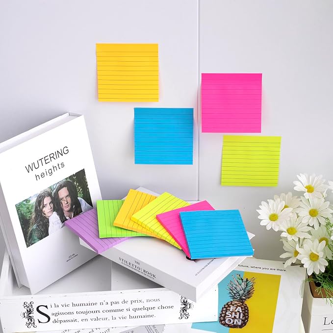 (36 Pads) Lined Sticky Notes 4x4 in, 6 Bright Colors Self-Stick Note Pads | Strong Adhesive, 47 Sheets/Pad