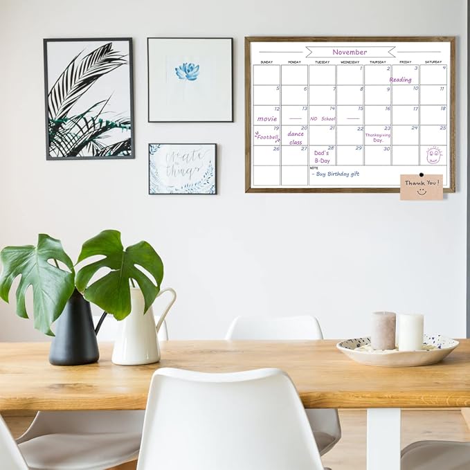 Large Dry Erase Monthly Calendar Whiteboard for Wall, Magnetic,23.6"x 31.5" | Solid Pine Wood Rustic Brown Frame,Magnetic Surface White Board for Wall,for Office/School/Home
