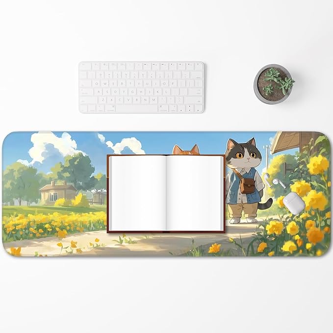 Cute Cat Mouse Pad, Non-Slip Rubber Gaming Mouse Pad with Seam Edge for Gaming, Office, Laptop, 31.5 x 11.8 Inch, Anime Cat Desk Mat