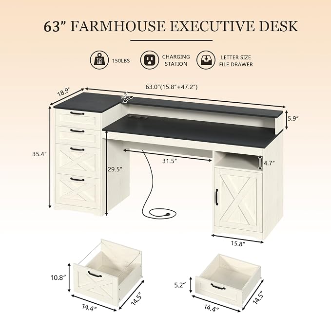 63" Farmhouse Computer Desk with 4 Drawers for Home Office, Bedroom | Executive Desk with Printer Shelf, Monitor Stand, Home Office Desks with Power Outlets, Storage Shelves, Black and White