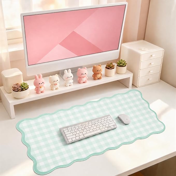 Scalloped Gingham Pink Desk Mat,Large Cute Desk Pad for Keyboard Mouse,Girly Mouse Pad for Desktop Office