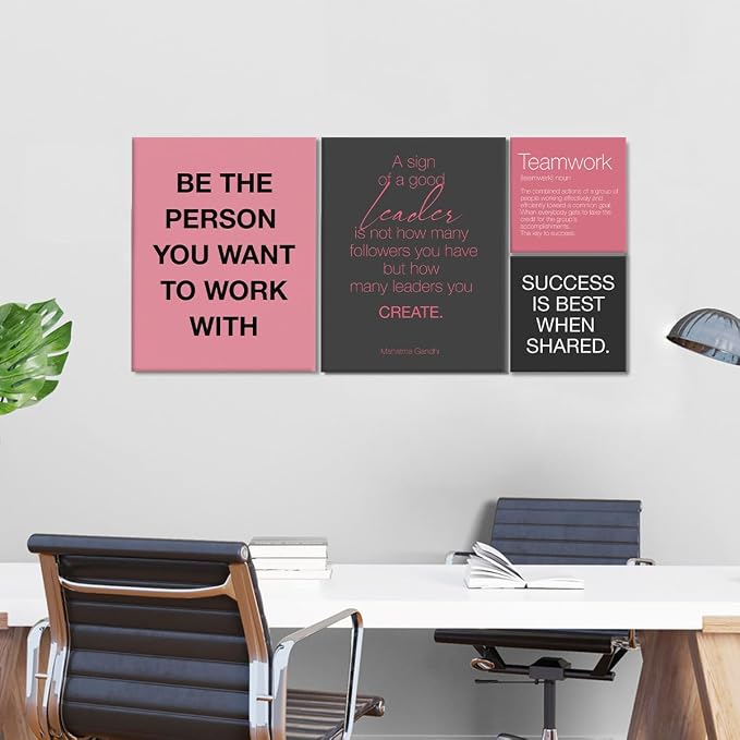 YEOION Inspirational Office Wall Art for Women,Motivational Teamwork Wall Decor for Office,Pink and Black Postive Quote Workplace Canvas Wall Art for Set of 6