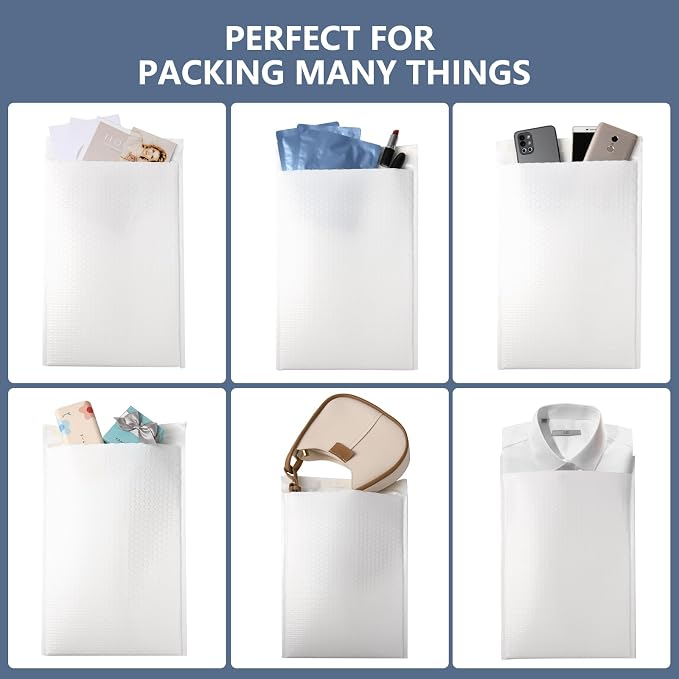 zmybcpack White Poly Bubble Mailers 8.5x12 Inch, 50 Pack | Padded Envelopes Shipping Mailers, Self-Seal, For Shipping Clothes & Packing (Inner size 7.8"x12")