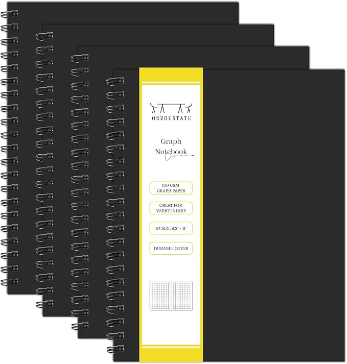 Graph Paper Spiral Notebook 8.5" x 11" Black Hardcover Grid Journal 4 Pack | A4 large size,160 pages,100gsm thick paper for note taking engineering graphing work school supplies