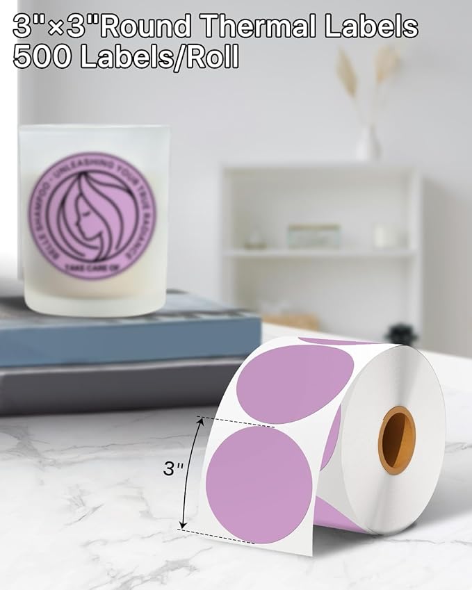3 Inch (76.2mm x 76.2mm) Round Thermal Printer Label Stickers Self-Adhesive Circle Convenient Multi-Purpose Blank 3" Sticker Roll for Family Classification, Gift Sealing, Purple (500Pcs)