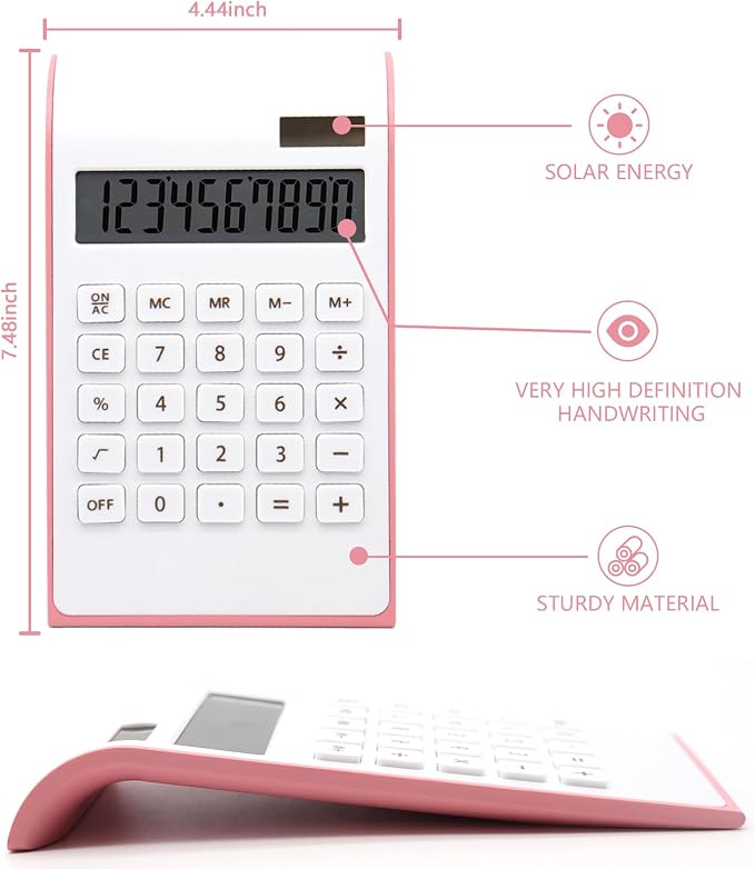 Pink Calculator, Cute Solar Calculator for Desk, Pink Desk Accessories | 10 Digits LCD Display, Pink Desk Calculator, Palm-Sized Portable Design for Office&School, Dual Powered Pocket Calculator