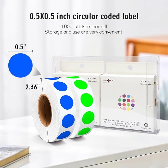 PARLAIM 1/2" Circle Dot Stickers 2 Rolls Pack 2000 Color Coded Labels for Home Commerce Business, Fluorescent Green + Blue