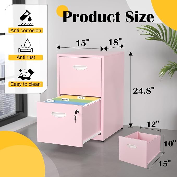 SteeLoong 2 Drawer File Cabinets,Metal Office File Cabinet with Lock,Pink | Filing Cabinets for Home Office,Vertical Modern File Cabinet Office Two Drawers for Hanging Letter,Assembly Required