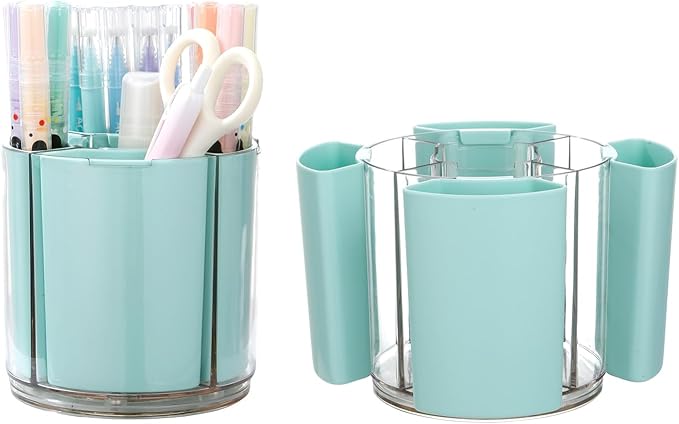 Comix 360° Rotating Pen Holder for Desk, Pencil Holder with 5 Slots, Cute Green Plastic Desk Organizer for Home School Office Supplies