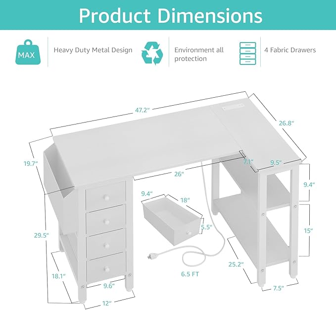 Lufeiya White L Shaped Computer Desk with Drawers & Storage Shelves, 47 Inch Corner Reversible Desk with Power Outlet for Home Office Bedroom, L-Shaped Teen PC Desks with Fabric Drawer, White