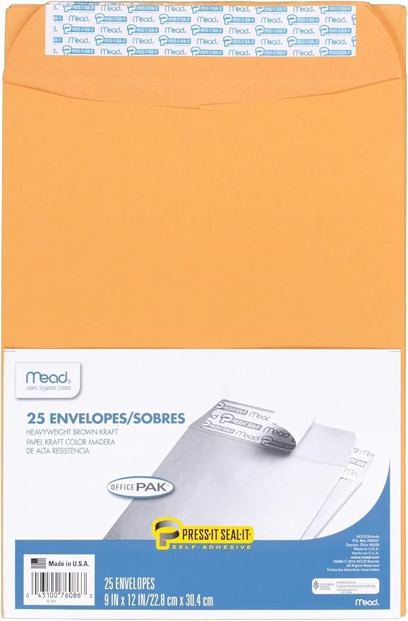 Mead Envelopes,Letter Size 9" x 12",Press-It Seal-It Self Adhesive Closure,Brown Kraft All-Purpose 24-lb Paper,Manila Mailing Envelopes,(76086),25 Count (Pack of 12)