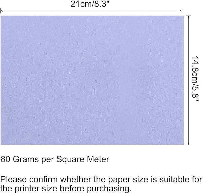MECCANIXITY 100 Sheets Colored Copy Paper 8.3 x 5.8 Inch Printer Paper 80gsm Light Purple for Office Printing, Document Copying, Invitations, Forms, Art Projects