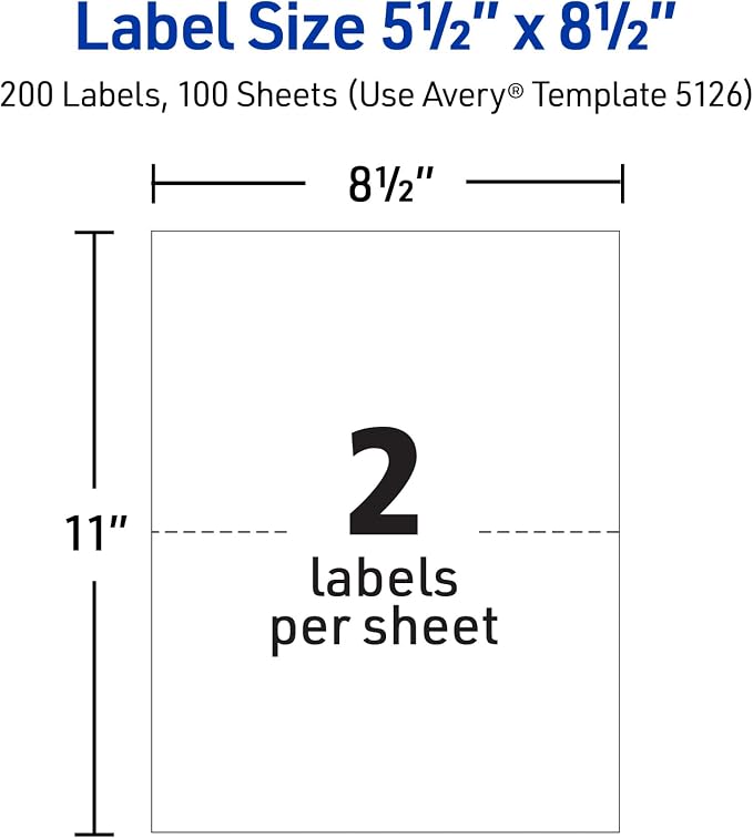 Avery Half-Sheet Printable Shipping Labels, 5.5" x 8.5" Customizable Stickers, White, 200 Blank Mailing Labels, Great for Mailing, Shipping, Organizing, and More (5126) (Pack of 5)