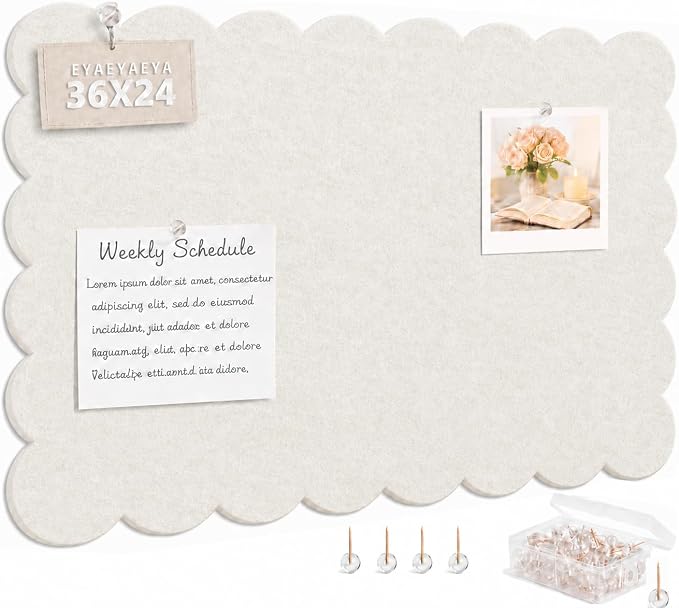 Scalloped Felt Bulletin Board 36 x 24 Inches (Warm Beige) | Large Decorative Pin Board for Wall, Vision & Message Board for Home Office, Bedroom & Study
