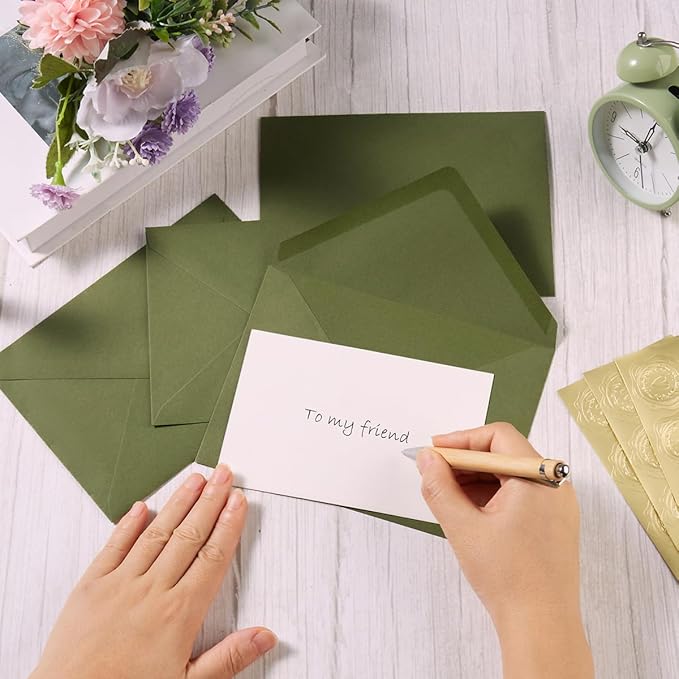 100 Pieces A7 Envelopes Colorful 5x7 Envelopes for Greeting Cards, Birthday, Weddings, Baby Shower Invitation Cards (Olive Green, 5.24 x 7.24 Inches)