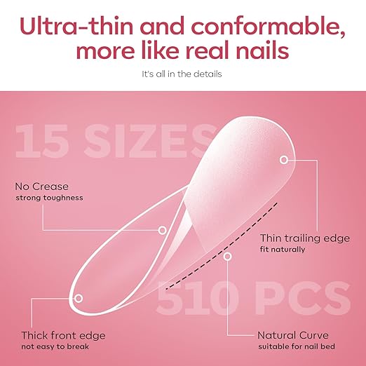 modelones X Nail Gel Kit Almond,510Pcs Nail Tips Solid Glue Prep Dehydrator & Mini U V LED Light Clipper, Upgrade 15Sizes Medium Almond Press on Tips Etch for Easy Extension DIY Women Gift
