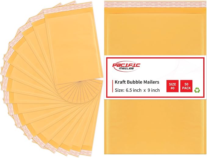 Pacific Mailer Bubble Mailer #0 Kraft Bubble Mailers Strong Adhesion Padded Envelopes Packaging for Small Business [7.25x9 (Usable Size 6.5"x9"), Self Seal, Pack of 50]