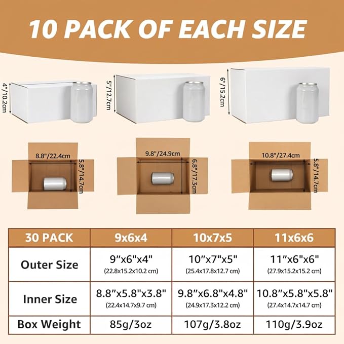 30 Pack 9x6x4, 10x7x5, 11x6x6 Assorted Sizes Shipping Boxes for Small Business, Each Size 10 Pack, White Corrugated Cardboard Small Box for Packaging, Moving, Mailing, and Storing