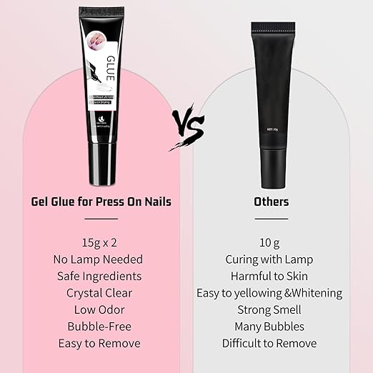 2 x 15g Semi Solid Nail Glue for Press On Nail, No Need for UV Lamp Super Strong Nail Glue Quick Drying Gel Long Lasting for Fake Acrylic Nails