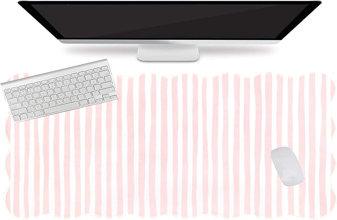 L-SPOUTTO Pink Striped Mouse Pad,Scalloped Desk Mat XXL Large Geometric Gaming Mousepad,35.4x15.7in Non-Slip Rubber Base Keyboard Pad Waterproof Desktop Mat for Laptop Computer Game Home Office