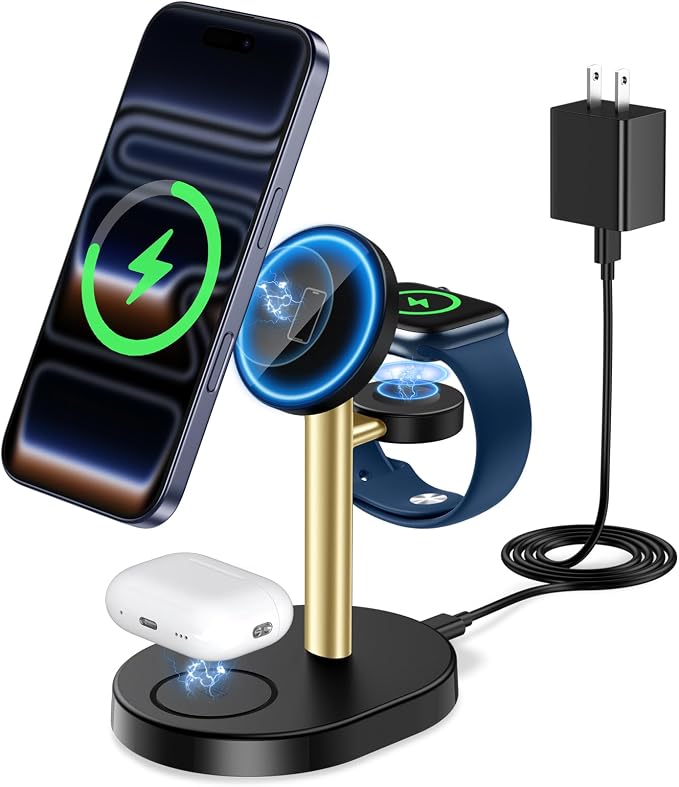 2026 3 in 1 Wireless Charging Station for Apple MagSafe Charger, 15W Fast Magnetic Mag-Safe Charger Stand for iPhone 17 16 15 14 13 12 Apple Watch AirPods Series GoldBlack