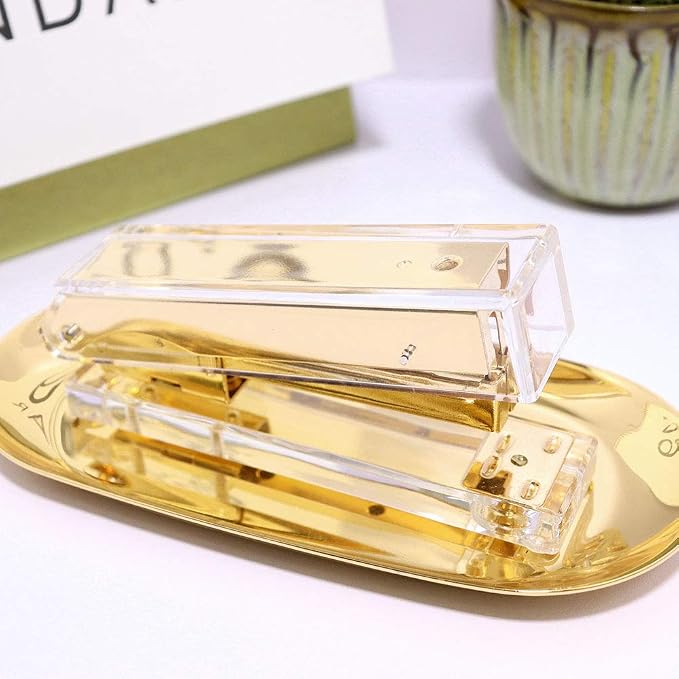 MultiBey 1-Inch Core Clear Acrylic Gold Tape Dispenser Stapler Scissors Set | Clear Acrylic Gold Set with Tape 24/6 Rose Gold Staples, Acrylic Scissors Stationery Desk Stapler Office Supplies
