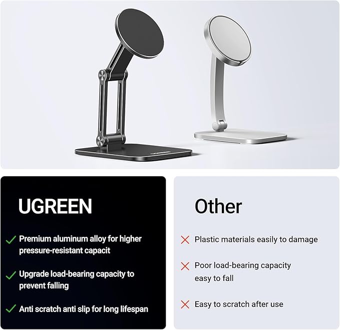 UGREEN Magnetic Phone Stand Compatible with MagSafe Holder for Desk Ergonomic Design Adjustable, Aluminum Cell Phone Stand Compatible for iPhone 17 Air 16 15 14 13 12 Pro Max and MagSafe Case, Black