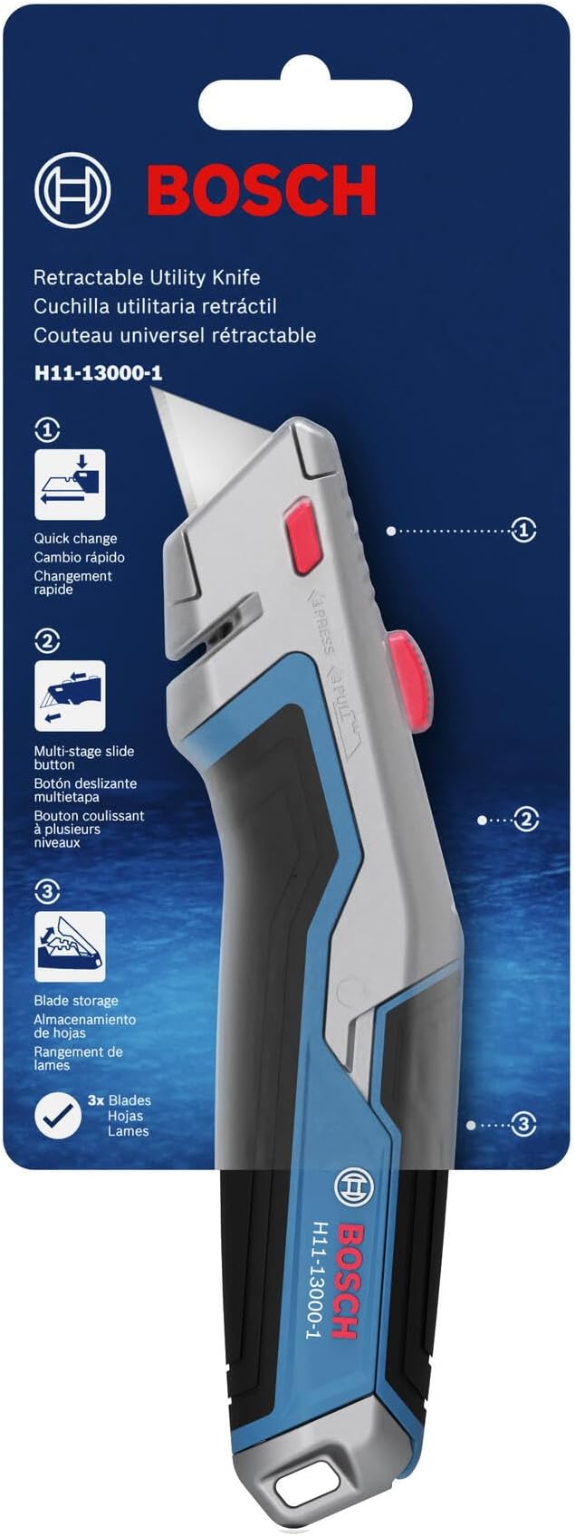 BOSCH H11-13000-1 Retractable Utility Knife | Optimal Cutting Performance, Cushioned Slide Button, Integrated Blade Storage - Includes 3 Blades