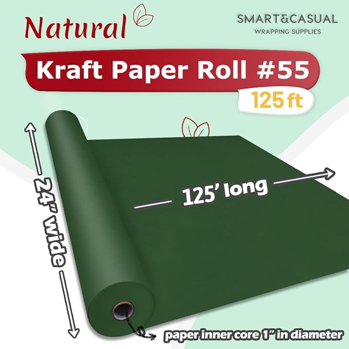 SMART&CASUAL 24" x 1,500" (125') Dark Green Kraft Craft Paper Roll for Gift Wrapping Bulletin Board Bouquet Flower Kids Art Packing Parcel Table Covering 80GSM 55LB (Dark Green, 24" x 125')