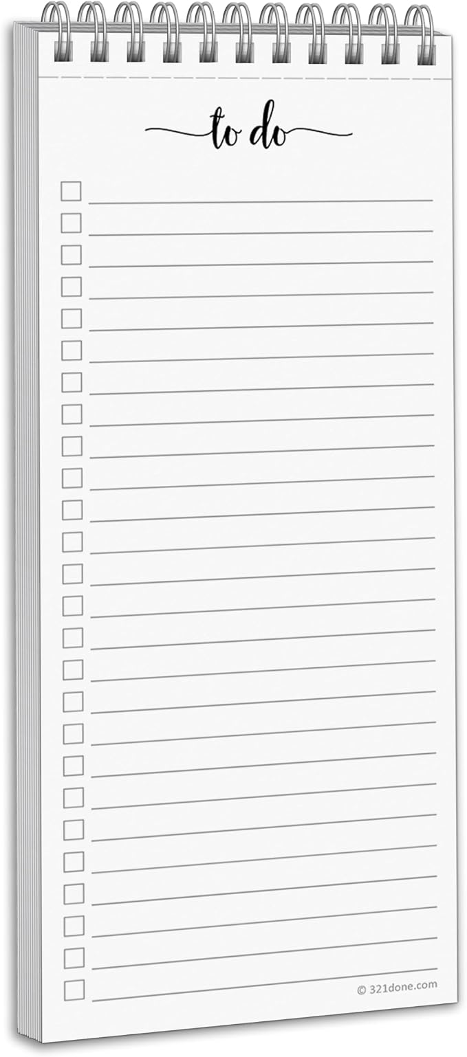 321Done Spiral Bound Skinny To Do List Notepad, 3.7x8.5 Inches, 50 Sheets | Made in USA - Slim Daily Checklist Notebook for Tasks, Errands and Groceries, College Ruled, Thick Bright White Paper