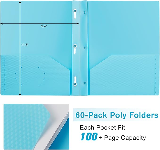 60-Pack Plastic andPockets and Prongs,2-Pocket and3 Fasteners, Pastel Folders Holds 8-1/2" x 11" Paper for School/Office/Home, Blue