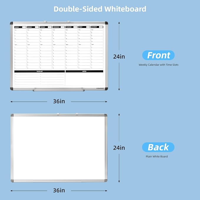 Large Weekly Dry Erase Board, Weekly Planner whiteboard with Hourly time Slots, Whiteboard Weekly Calendar for Schedule for wall 36" X 24" Double-Sided for Office, Home and School