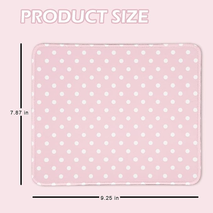 Mouse Pad for Desk with Stitched Edge, Premium Cute Washable Mouse Pads. Computer Mousepad with Non-Slip Rubber Base, Mousepads for Laptop, 9.25x7.75x0.12 inch (Pink Polka Dots)