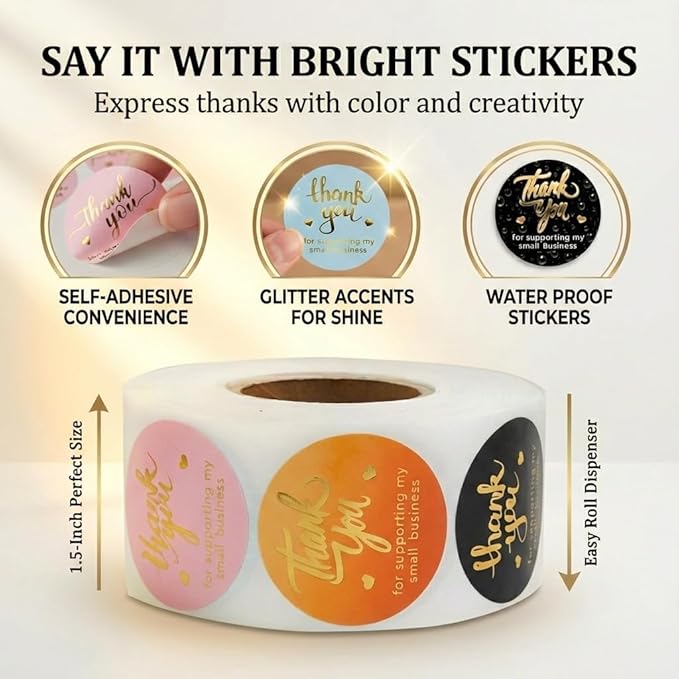 800 Thank You Stickers – 1.5" Round Labels (5 Designs, Multicolor) for Small Business, Packaging, Envelopes, Gift Bags, Bakery, Party Favors – Self-Adhesive Waterproof Thank You Sticker Roll