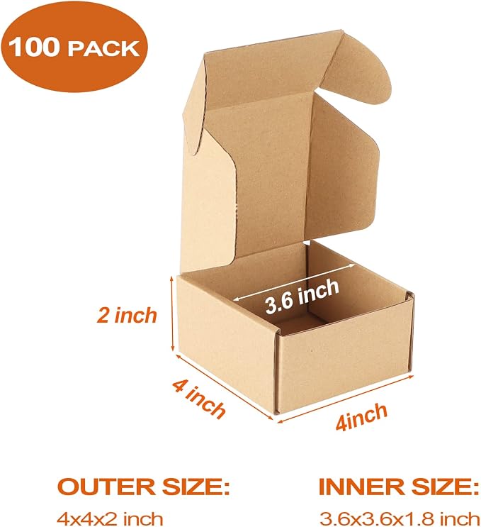 PHAREGE 100 Pack 4x4x2 inch Small Shipping Boxes, Brown Mailing Boxes | Tuck Top, Quick Fold, Easy Assemble, Shape Well, Single Corrugated, DIY Cardboard, Gift Wrap, Small Business Packaging