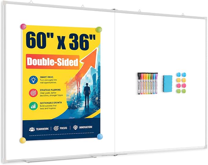 60” x 36” White Board Dry Erase Double-Sided Magnetic Whiteboard | Aluminum Frame Portable Hanging Whiteboard for Wall with Marker Kits, Office, Home, School