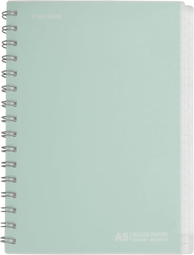 TWONE Spiral Notebook, 7"x10", 140 line Ruled Pages, Waterproof Frosted PP Cover, Green, Ideal for School, Office, and Personal Use