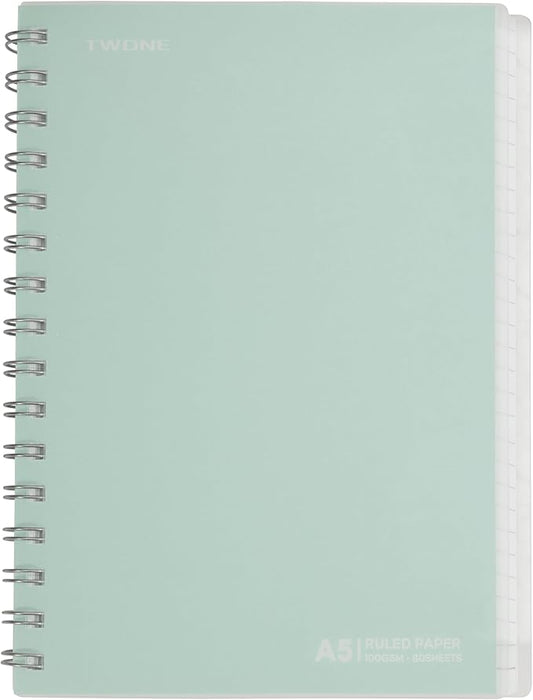 TWONE Spiral Notebook, 7"x10", 140 line Ruled Pages, Waterproof Frosted PP Cover, Green, Ideal for School, Office, and Personal Use