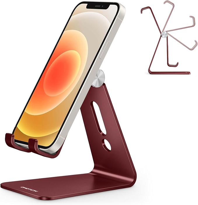 OMOTON C2 Adjustable Cell Phone Stand with Charging Cutout, Cherry Red | Sturdy 3mm Aluminum, Charging Port, 270° Adjustable, Non-Slip Silicone Pads, Works with Thick Cases, for All Smartphones