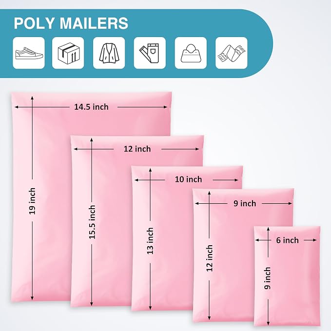 UCGOU 60 Pack Not Padded Light Pink Poly Mailer Variety Pack, 6x9 Inch & 9x12 Inch & 10x13 Inch & 12x15.5 Inch & 14.5x19 Inch Mailing Bag, Self-sealing Adhesive Mailer Assorted Size for Small Business