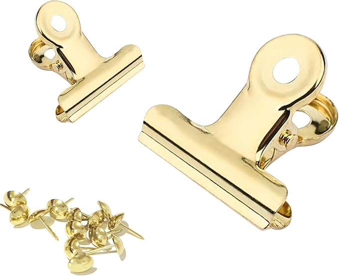 YUCHIYA 10 Pack Bulldog Clips with 10 Push-pins, Paper File Clips with Strong Spring, Large Metal Binder Clips, Seal Clamps for Coffee Tea Food Bags(Gold,2inch)