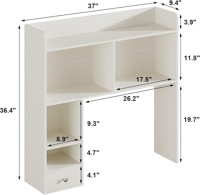 ChooChoo Desktop Bookshelf, 36.4" DormDesk Hutch with 5 Shelves | Countertop Desk Hutch, 1 Drawer,for Computer Desk, Desk Shelf Organizer, Dorm Office Home, White