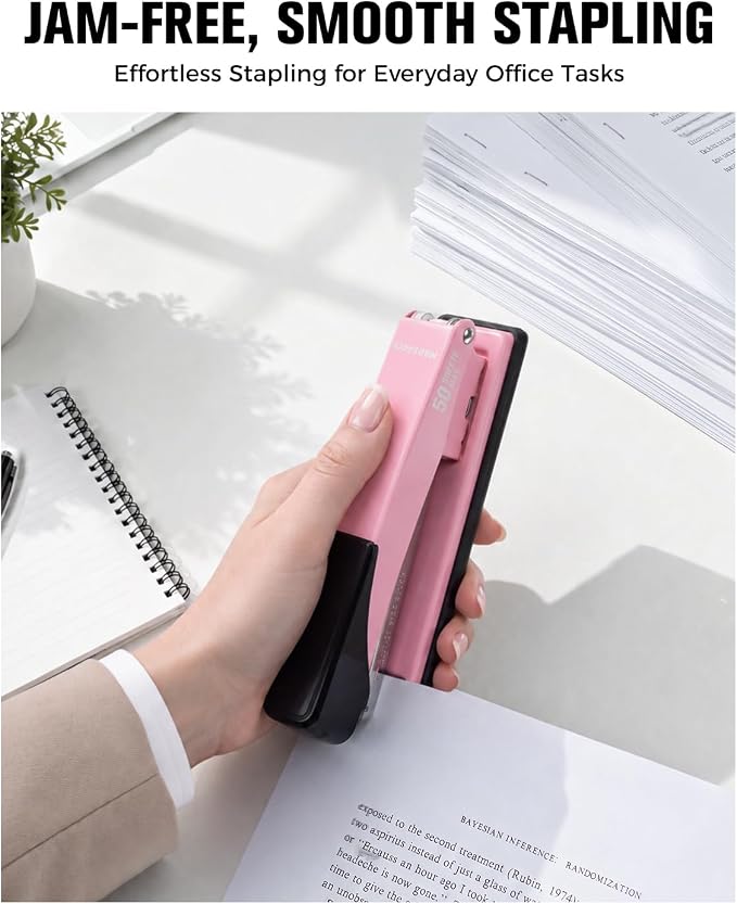 Marsrock Heavy Duty Stapler for Desk with 50 Sheet, 3000 Staples, Pink | Office Stapler, Classroom Stapler, Teacher Stapler, Full Strip Desktop Stapler, Easy to Load & Magnetic Staple Remover