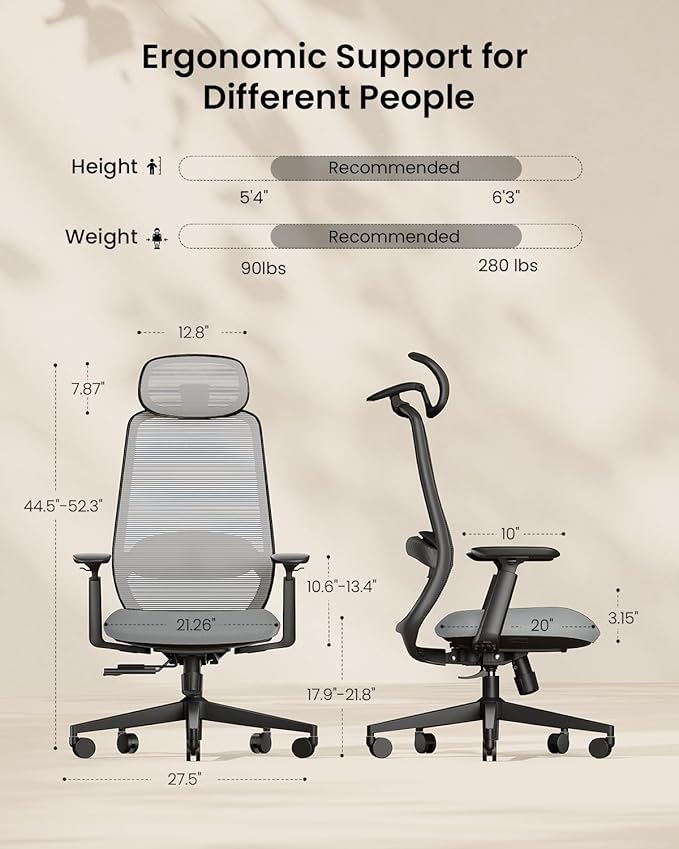 ProtoArc Ergonomic Office Chair – EC200 High-Back Mesh Computer Chair with Lumbar Support, 3D Adjustable Headrest & Sliding Seat for 8+ Hour Comfort, Big & Tall Home Office Desk Chairs - Gray