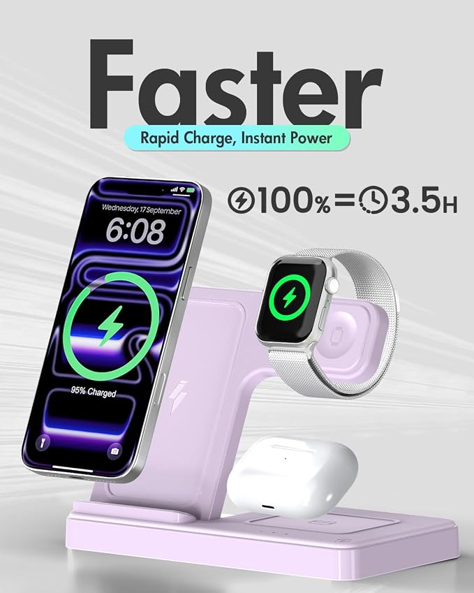 GETPALS Wireless Charger iPhone Charging Station for Apple Multiple Devices | 3 in 1 Charger Stand for iPhone 17 Pro Max 17e 16 16e 15 14 13 12 & Watch Series 11-2 SE Ultra & Airpods 4 3 Pro, Violet