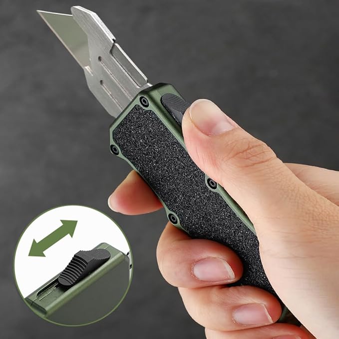 𝗖𝗮𝗿𝗲𝘀𝘀𝗼𝗹𝗼𝘃𝗲 Automatic Utility Knife, Aviation Aluminium Changeable Blade Box Cutter, Double Action Auto Retractable Razor Knife, Out The Front Automatic Pocket Knife With 5pcs Spare Blades