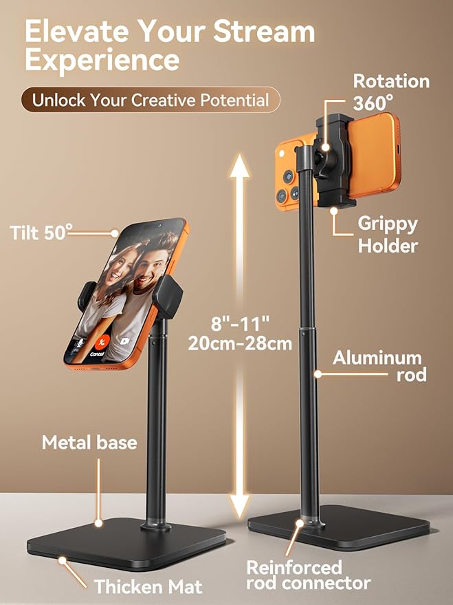 tounee Phone Stand for Desk, 8-11" Height Adjustable Cell Phone Holder for Live Streaming, Video Recording, TikTok – Compatible with iPhone 17/16/15, Samsung, All 4-7" Smartphones -Black
