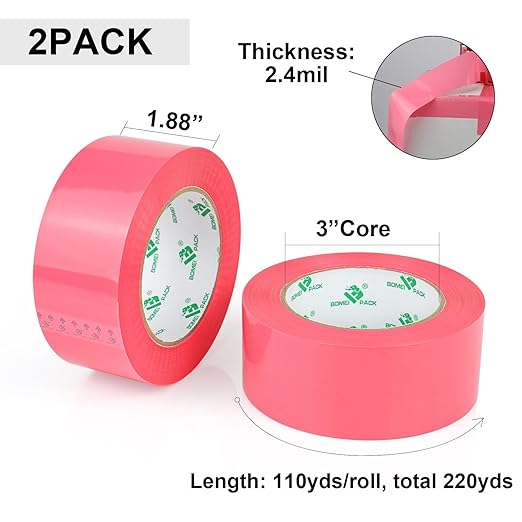 BOMEI PACK Rose Pink Packing Tape with Dispenser, 2.4 Mil 1.88 Inch x 110 Yards, 2 Refills Rolls Color Pink Box Tape for Moving, Shipping and Packaging